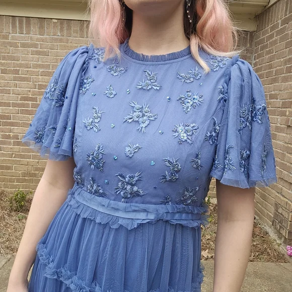 Ivy City Co Blue Anastasia Tiered Beaded Embellished Tulle Maxi Dress Formal - Picture 12 of 13